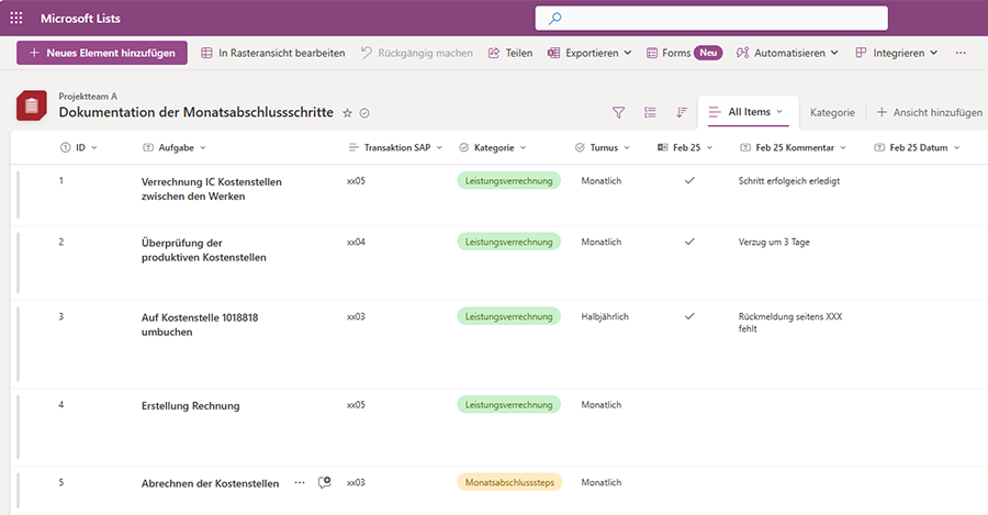 Monatsabschlussprozessschritte MS Lists